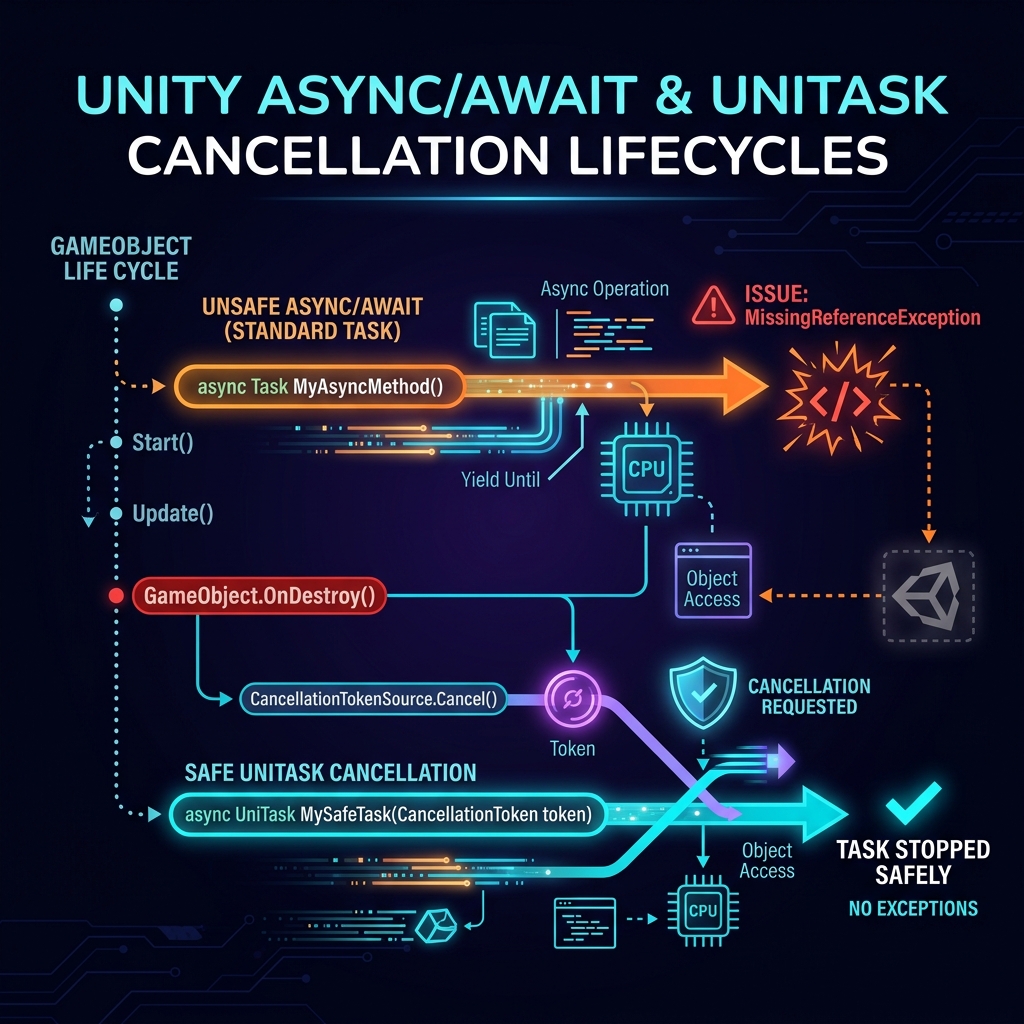 Unityの非同期処理（async/await / UniTask）で発生するオブジェクト破棄後のエラー（MissingReferenceException等）の根本原因と、CancellationTokenを用いた安全な寿命管理・中断処理の実装手順