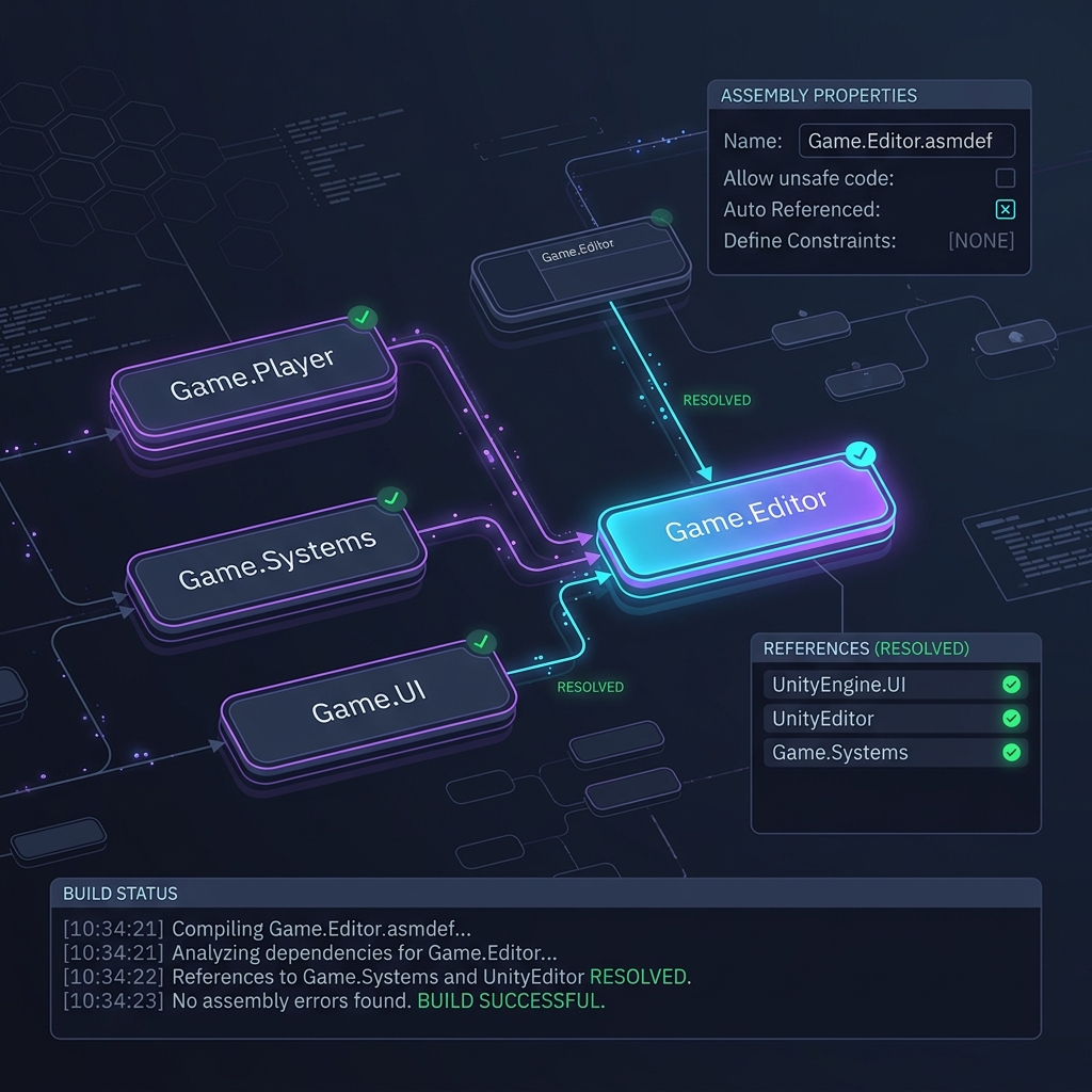 Assembly Definition (asmdef) 設定ミスによる無限コンパイルの回避策 troubleshooting diagram