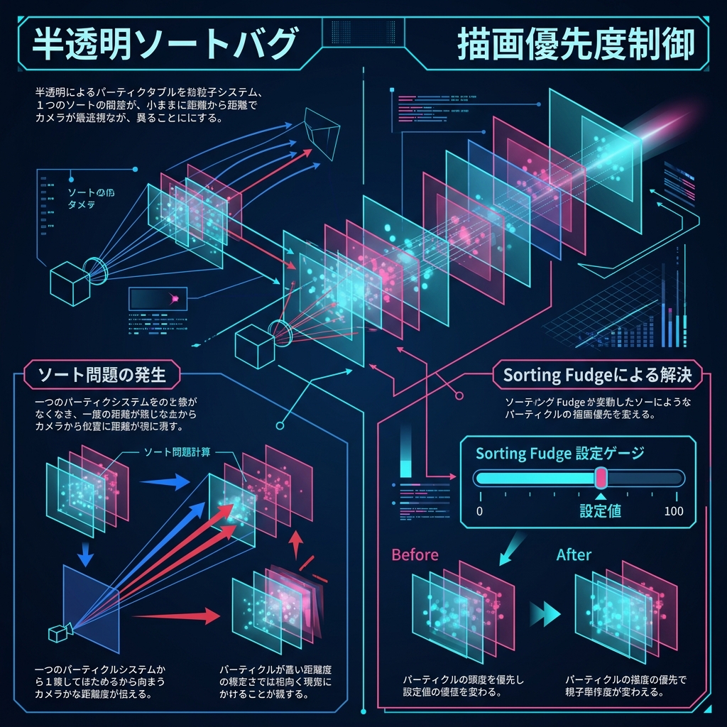 半透明パーティクルの重なり順（ソート順）がおかしくなる不具合の解決方法