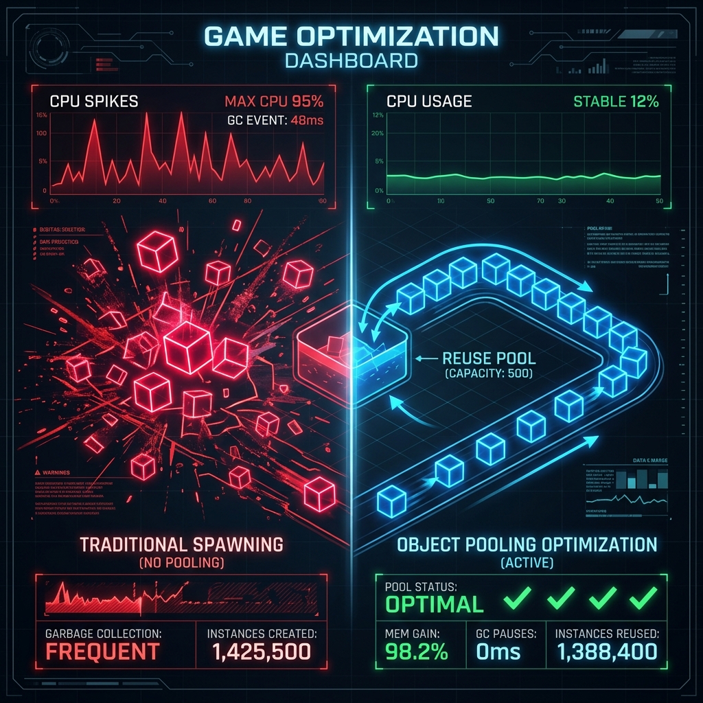 UnityでInstantiateとDestroyの頻繁な呼び出しによるGCスパイク・フレーム落ちを防ぐオブジェクトプール（ObjectPool）の正しい設計と最適化手順