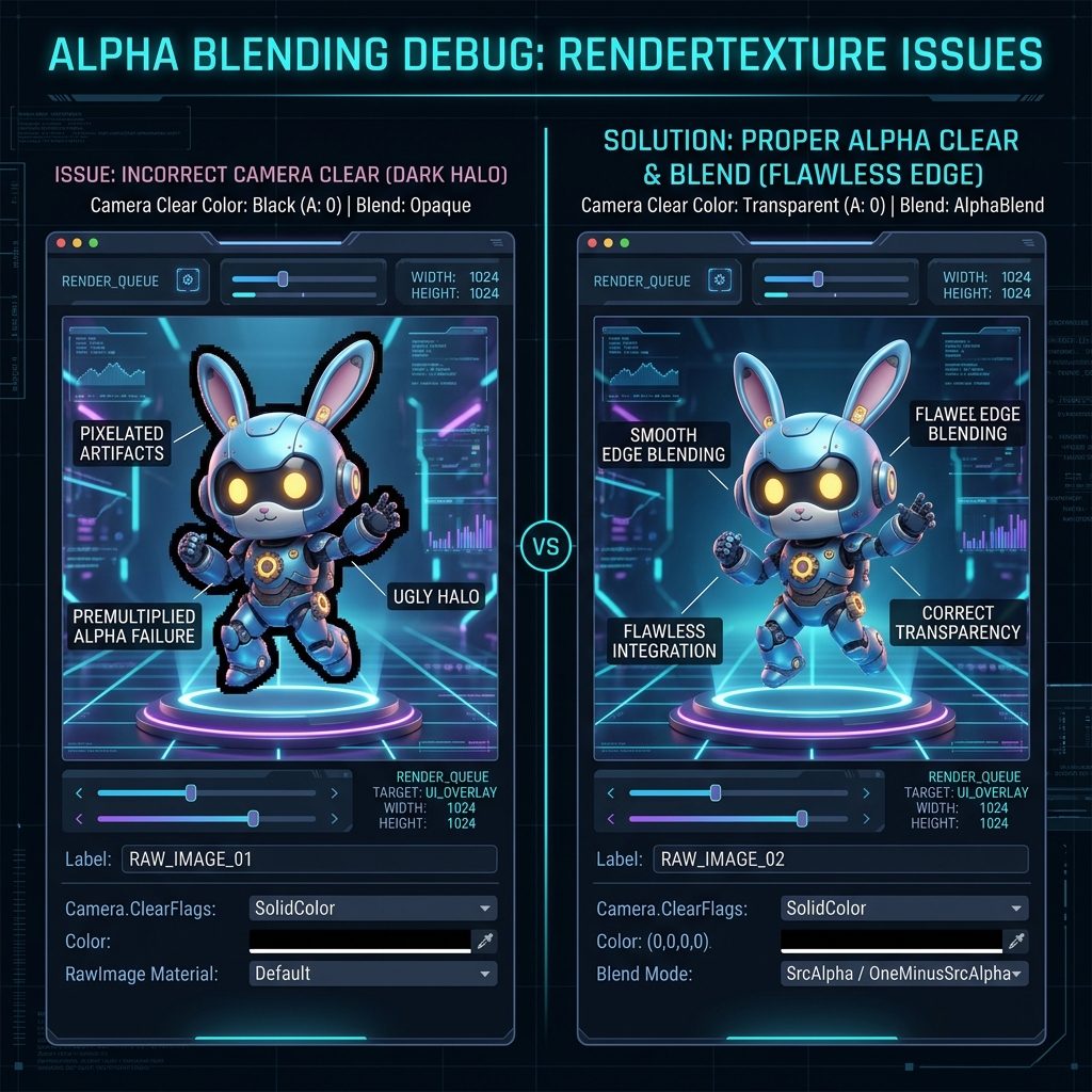 RenderTextureをUI（Canvas）に表示した際に半透明の境界が不自然に透ける・黒ずむ問題の解決