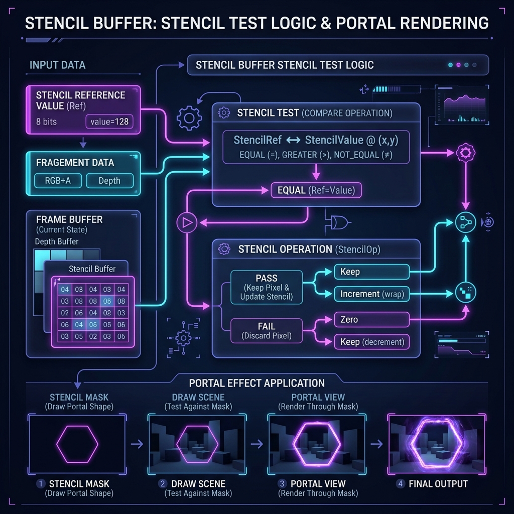 URPのRender Objectsを用いたステンシルバッファマスクとポータル描画の仕組み解説図