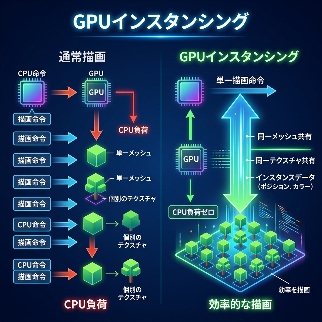 Instanced Drawing (インスタンス描画 / GPU Instancing) concept infographic diagram