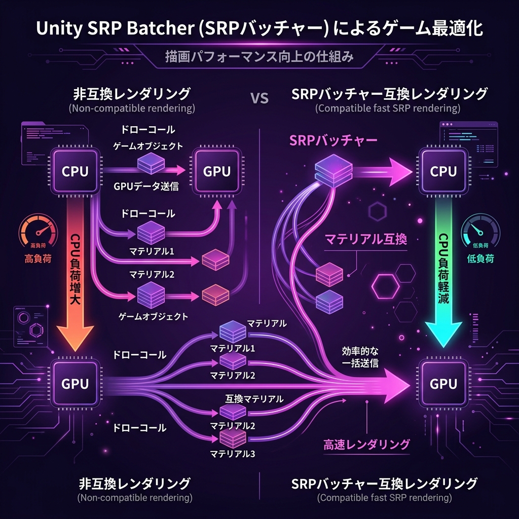 Static Batching (スタティックバッチング) concept infographic diagram