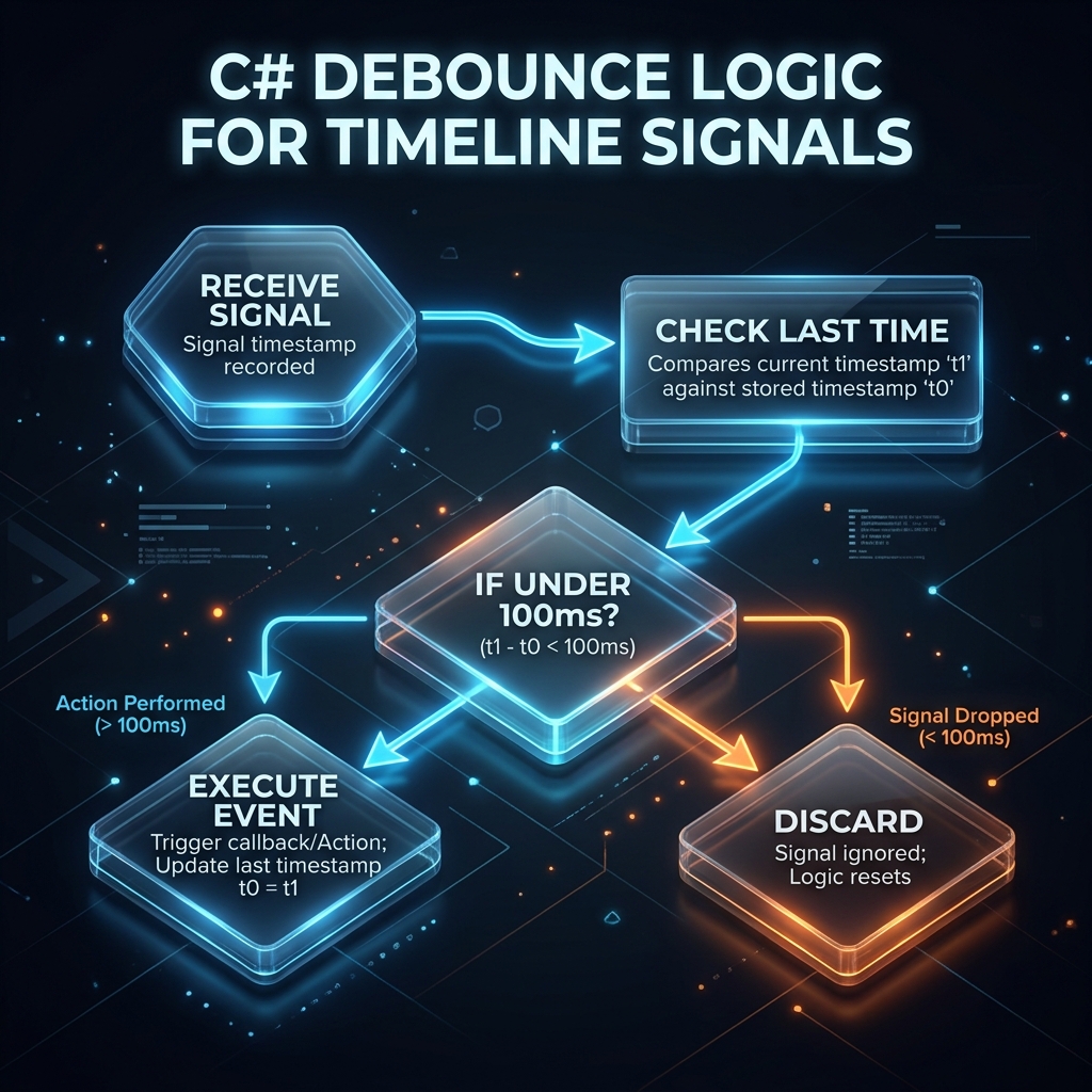Timelineの処理落ち補間によるSignalダブルファイアバグとC#デバウンスでの重複破棄フロー図
