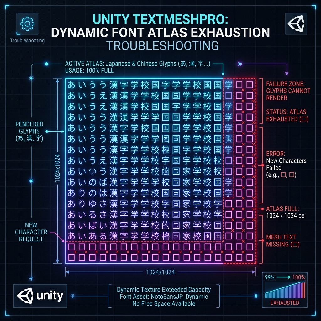 TextMeshProで日本語などの動的フォントアトラス枯渇による文字化け（豆腐化）が発生するバグの根本原因と最適化手順