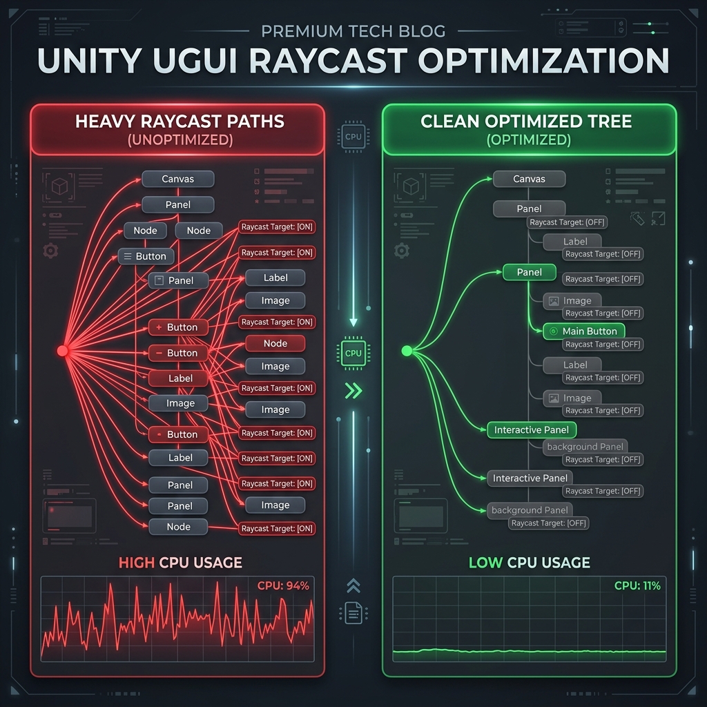 Unity uGUIでUI要素の増加に伴い発生する GraphicRaycaster.Raycast のCPUスパイク・処理負荷の根本原因と、Raycast Target の一括無効化・Canvas 分割による最適化手順