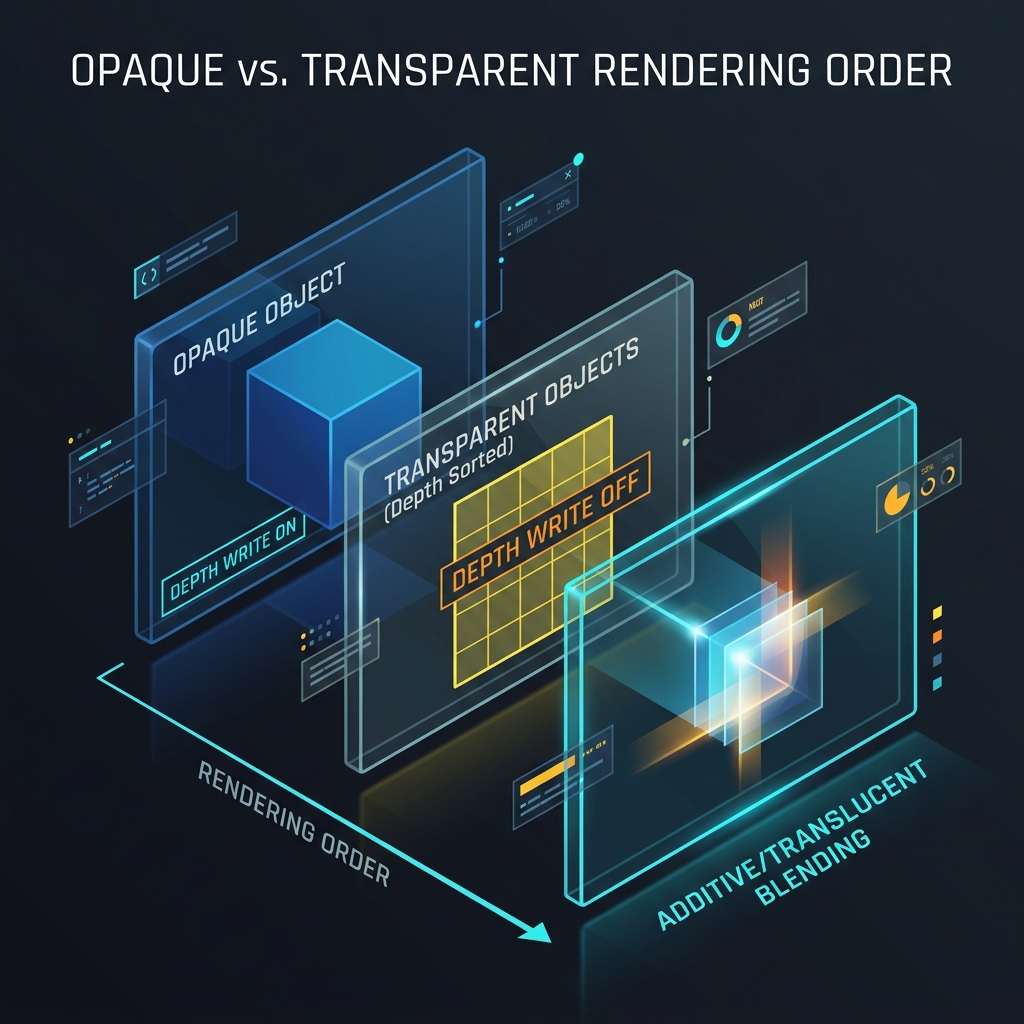 Unity URPの半透明レンダリングにおけるOpaqueとTransparentの描画順および深度バッファ制御の概念図