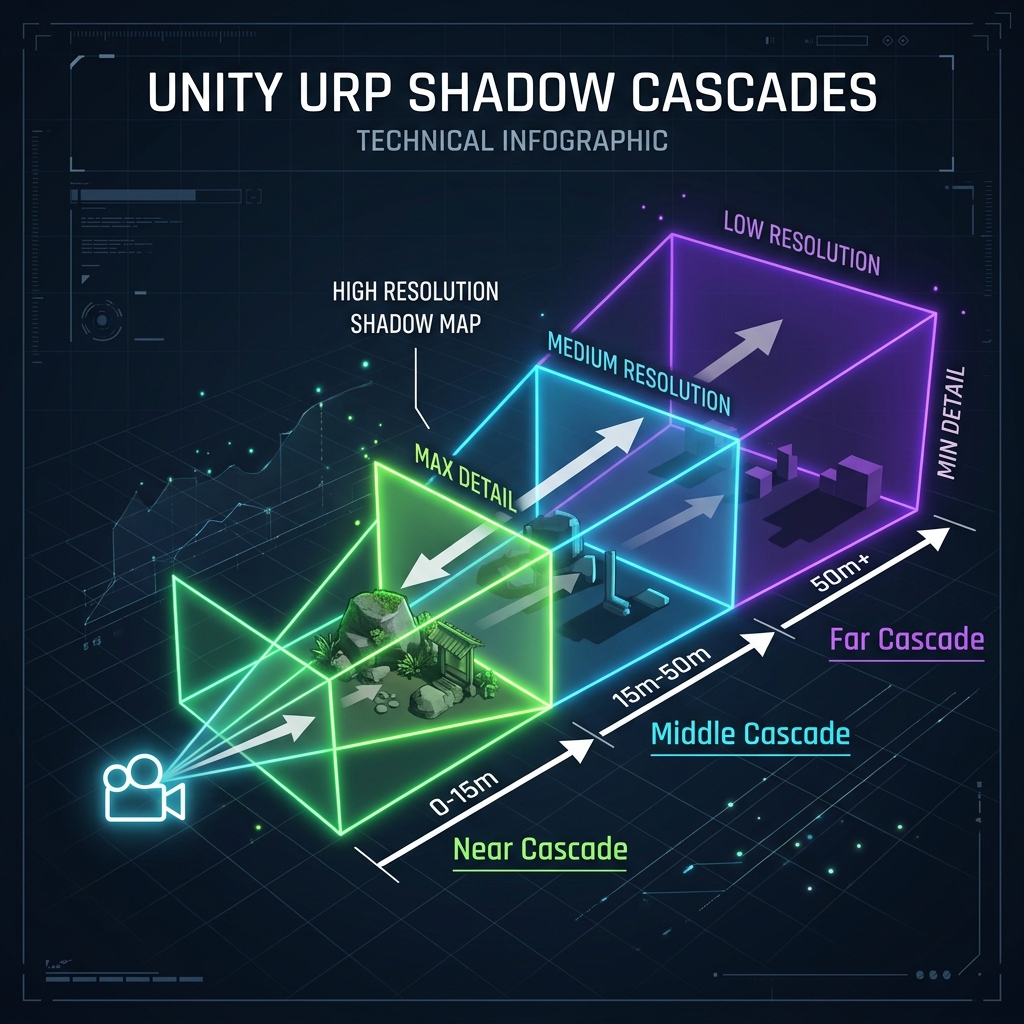 Unity URPのカスケードシャドウにおけるNear/Middle/Far分割と解像度マッピングの概念図
