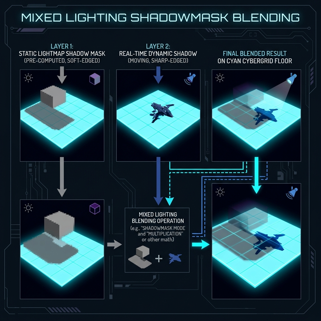 Unity URPのMixed LightingにおけるShadowmaskブレンドと影の二重暗化回避の仕組み解説図