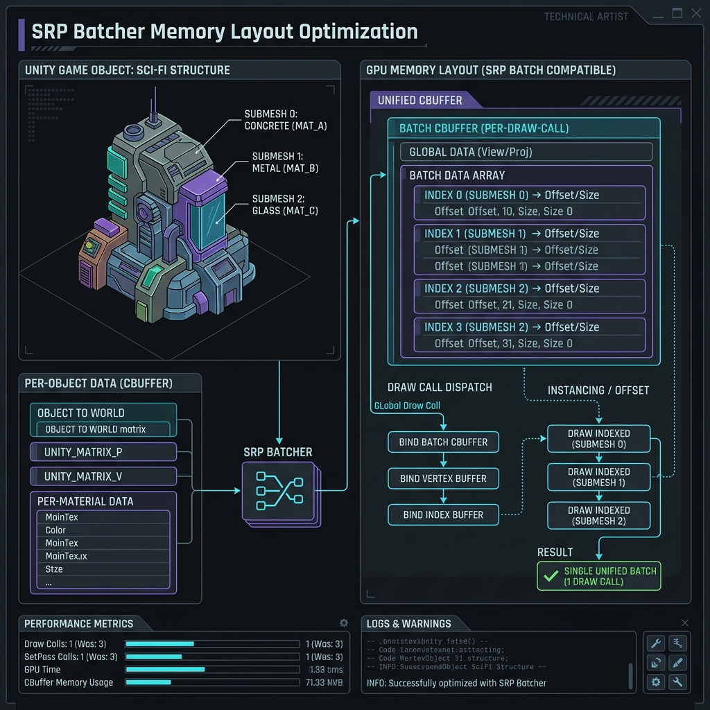 同一の3Dメッシュオブジェクトに対して、複数のマテリアル（Submesh）を適用した際に、SRP Batcherが効かずバッチングが破綻する原因と回避策