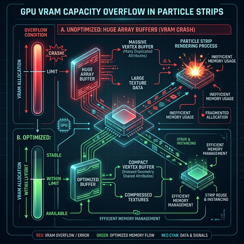 VFX GraphにおけるモバイルGPUのCapacity制限とIndirect Drawバッファ最適化の仕組み解説図