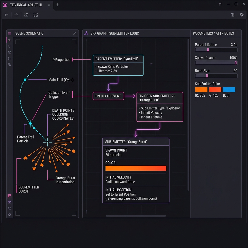 VFX GraphでSub-emitter（子エフェクト）を設定し、親の消滅時に発生させようとしても一切スポーンしない時の設定ミス